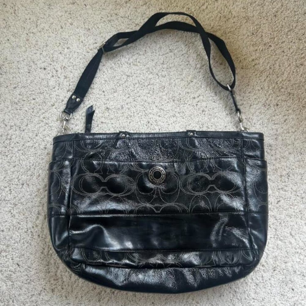Coach Stitched Black Patent Leather Tote Shoulder Bag